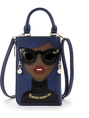 Women Navy Blue Novelty Lady Face PU Leather Shoulder Bag Handle Satchel Clutch